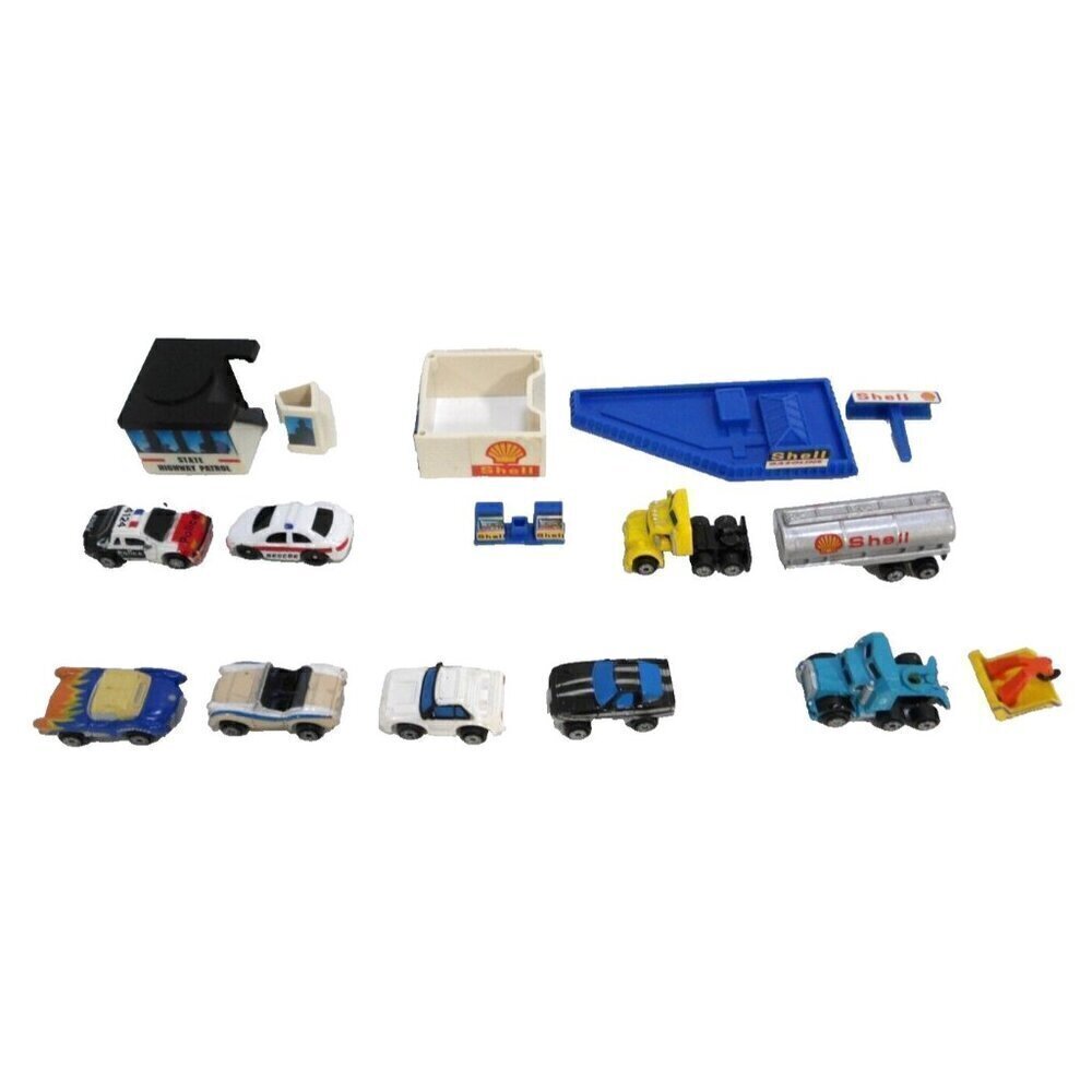 MICRO MACHINES set of 16 tiny toy vehicles, buildings Shell tanker & police cars